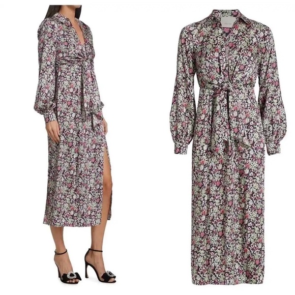 Cinq a Sept - Quin Floral Tie Midi Dress - size 6 - Layered Look long Sleeve